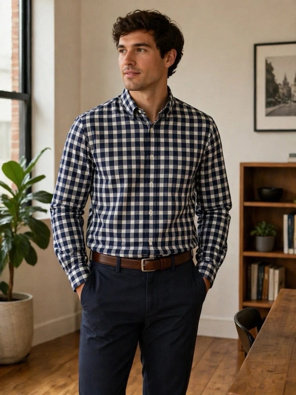 Banana Republic Men’s Grant Fit Navy White Plaid Button Up Shirt Medium Preppy